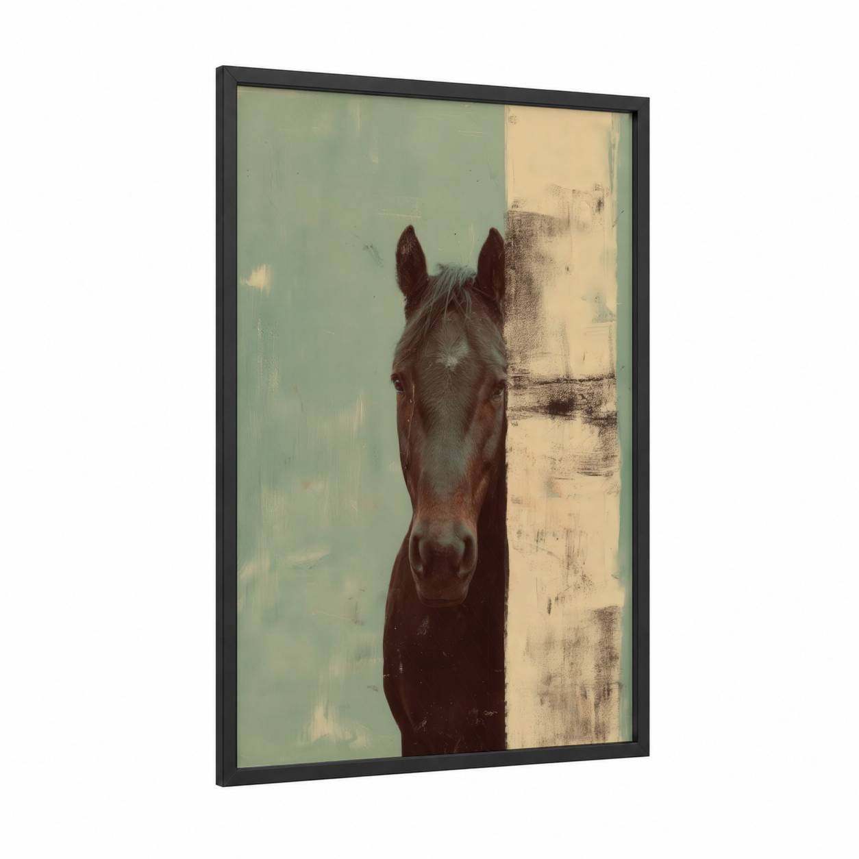 Rustic Quarter Horse framed art print — black wood frame — sage green and cream palette