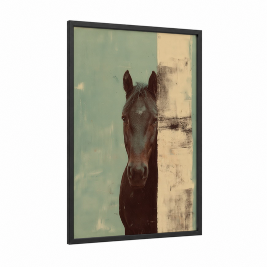 Rustic Quarter Horse framed art print — black wood frame — sage green and cream palette