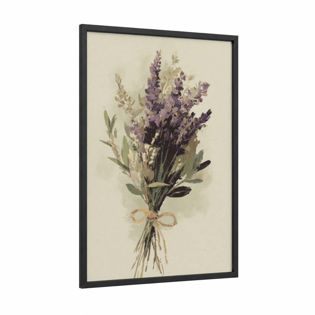 Lavender Herb Bouquet framed herbs print — black wood frame — lavender and sage green palette
