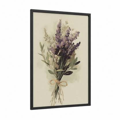 Lavender Herb Bouquet framed herbs print — black wood frame — lavender and sage green palette