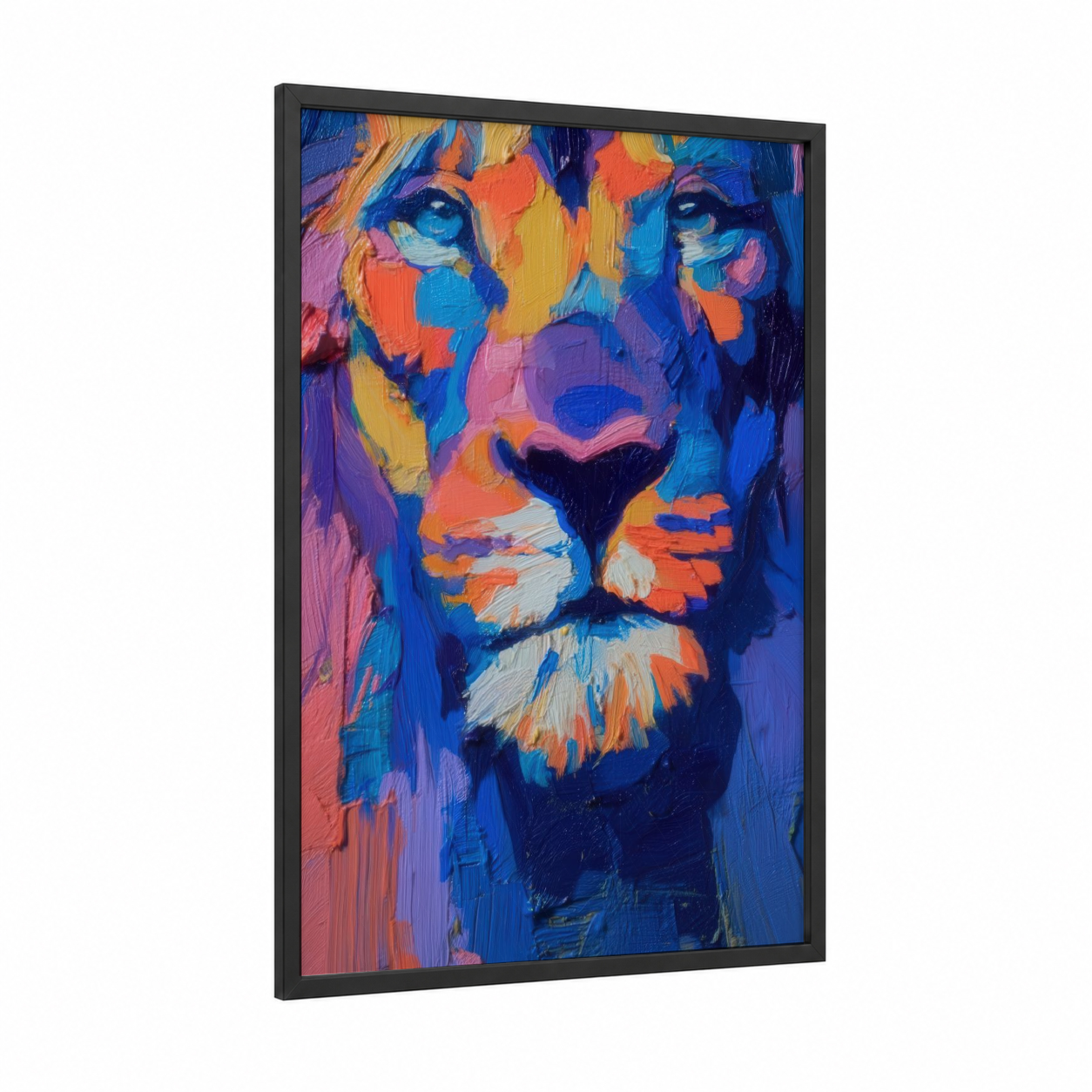 Vibrant Lion Portrait framed art print — black wood frame — blue and orange palette