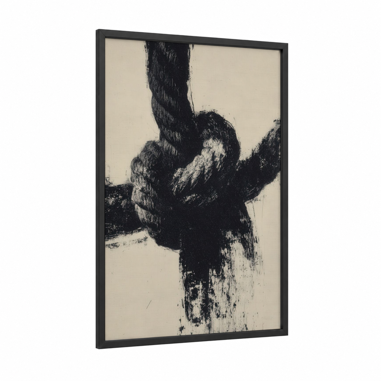Textured Rope Study framed rope knots print — black wood frame — black and white palette