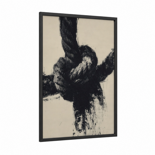 Textured Rope Study framed rope knots print — black wood frame — black and white palette