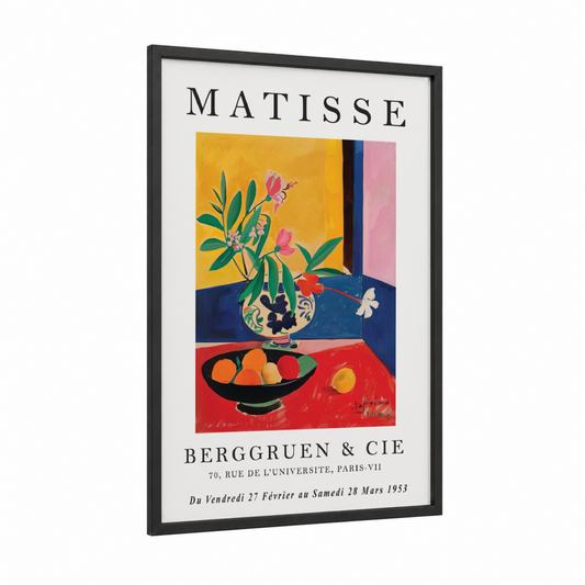 Matisse Floral Still Life framed abstract flower print — black wood frame — yellow gold and navy palette