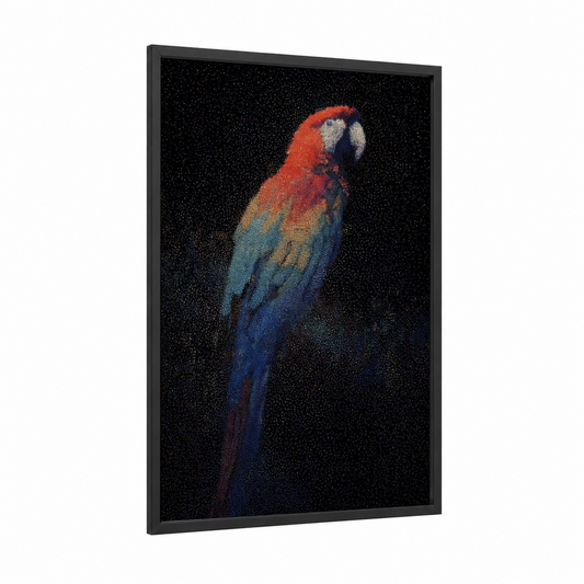 Crimson Macaw Portrait framed art print — black wood frame — red and royal blue palette