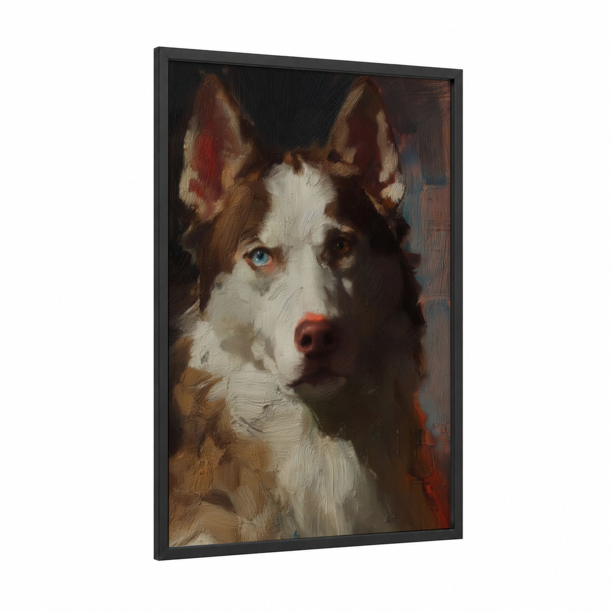 Blue-Eyed Husky framed art print — black wood frame — brown and white palette