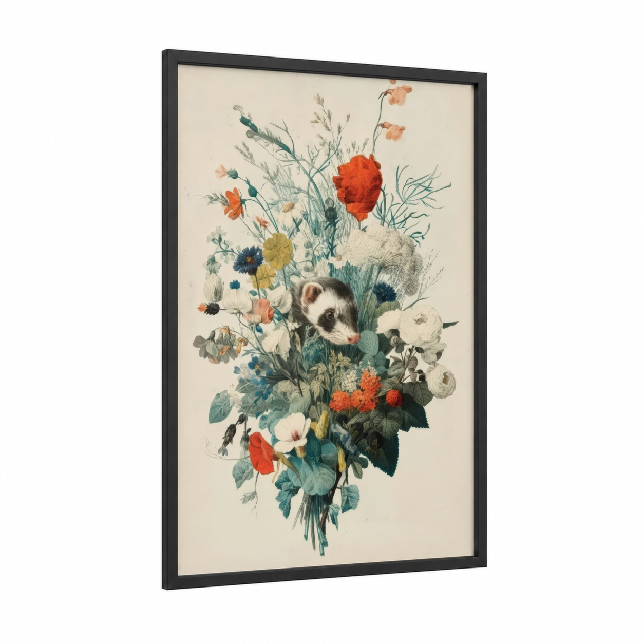 Floral Ferret framed art print — black wood frame — cream and peach palette