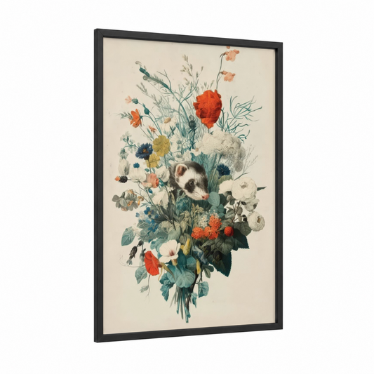 Floral Ferret framed art print — black wood frame — cream and peach palette