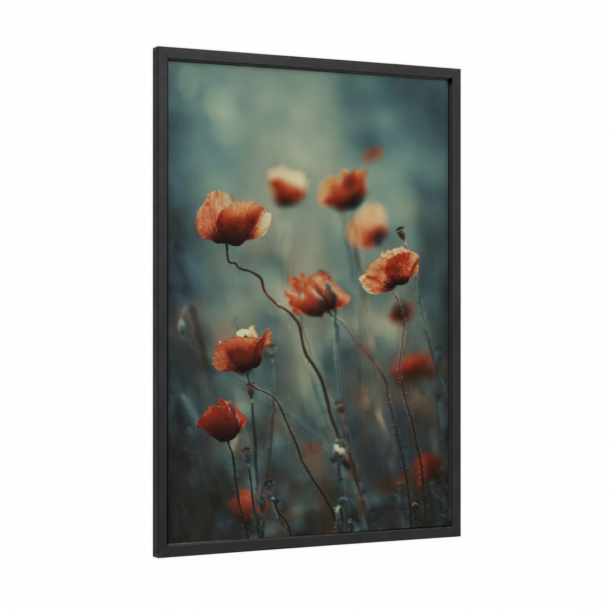 Misty Poppies framed art print — black wood frame — red and dove gray palette