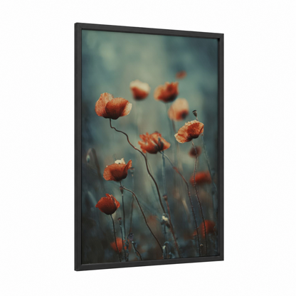 Misty Poppies framed art print — black wood frame — red and dove gray palette