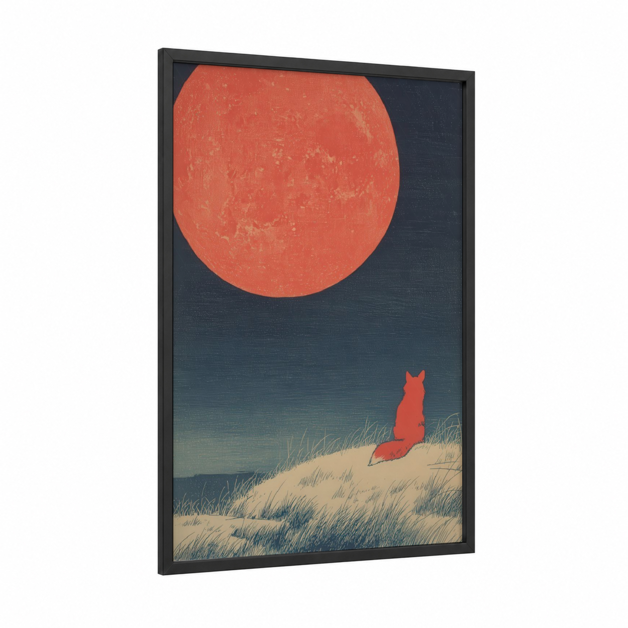 Crimson Moon Fox framed art print — black wood frame — red and dark blue palette
