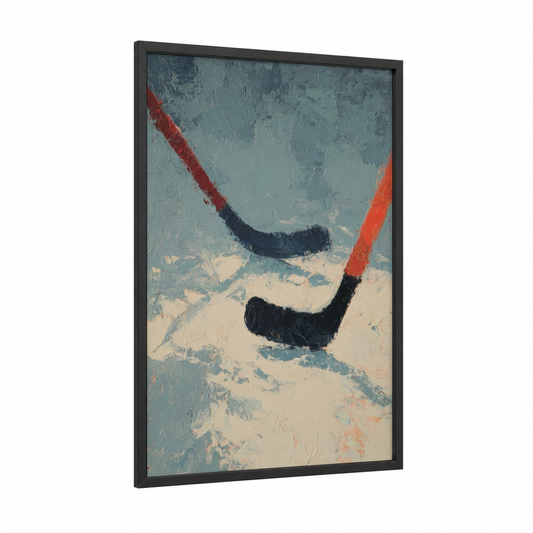 Crimson Hockey Sticks framed ice hockey print — black wood frame — red and black and white palette