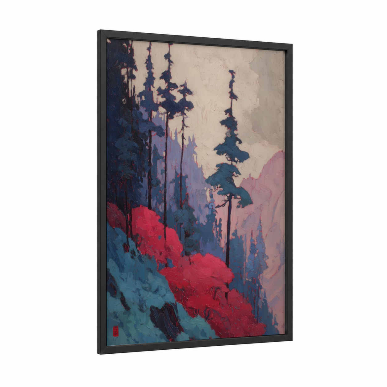 Crimson Forest Pines framed forest trees print — black wood frame — rose gold palette