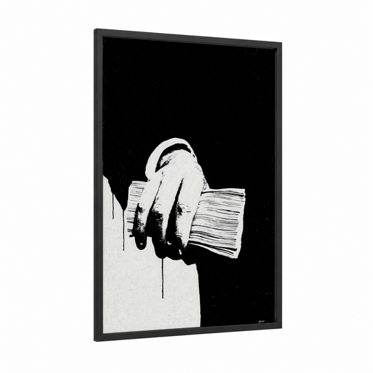 Paintbrush Money framed art print — black wood frame — black and white palette