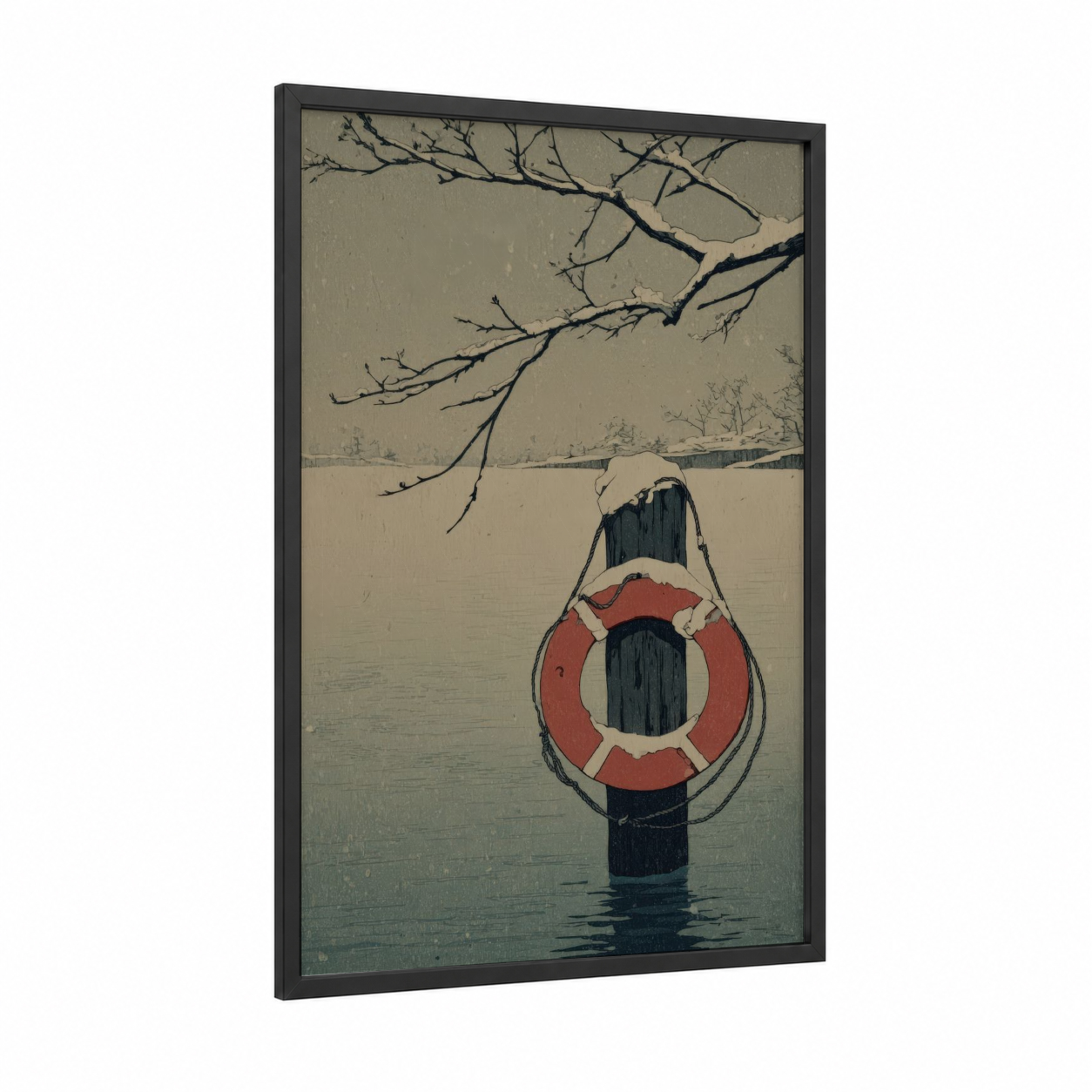 Frozen Refuge framed life ring print — black wood frame — gray and russet palette