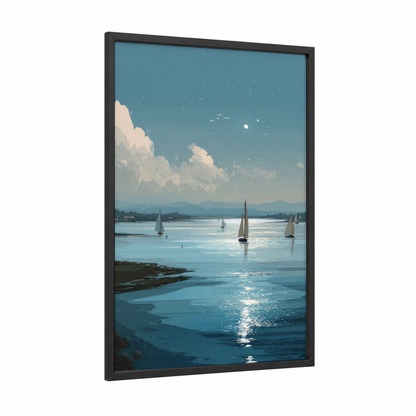Serene Sailboat Harbor framed sailing ship print — black wood frame — aquamarine and cream palette
