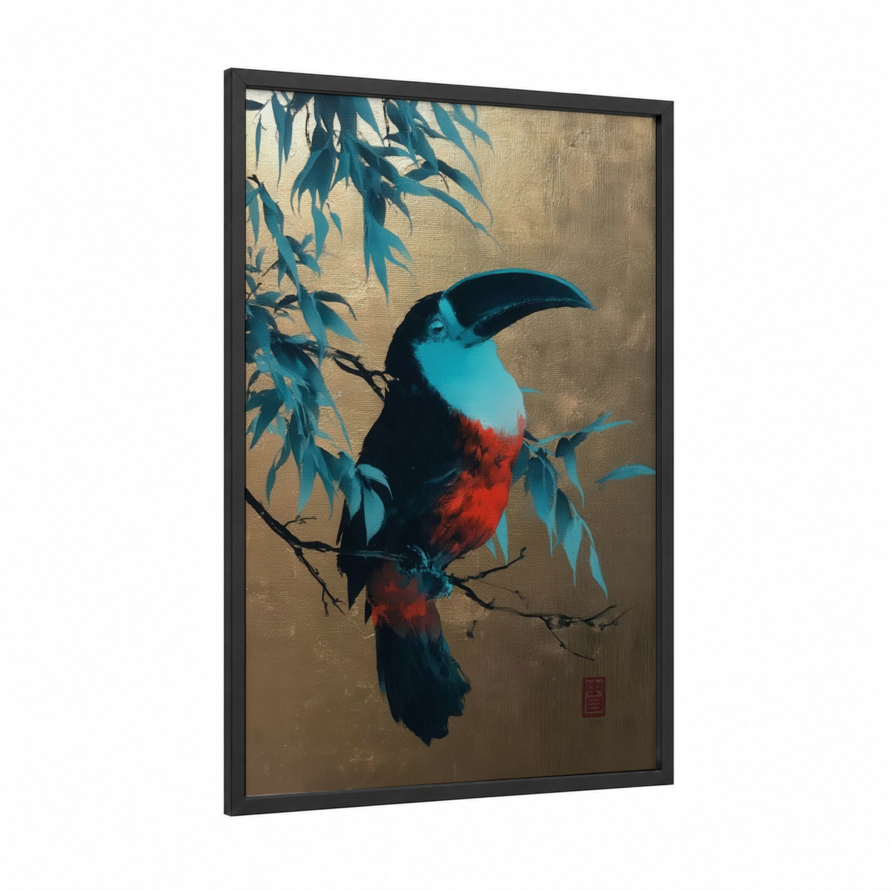 Tropical Toucan framed art print — black wood frame — teal and gold palette