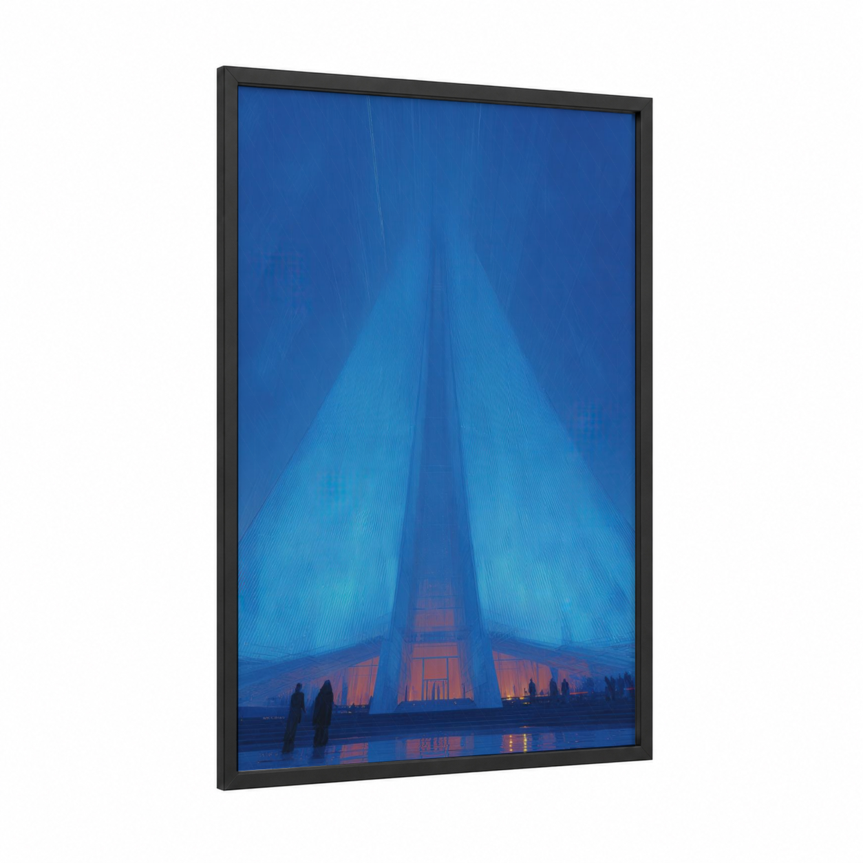 Modern Illuminated Temple framed art print — black wood frame — blue and gold palette