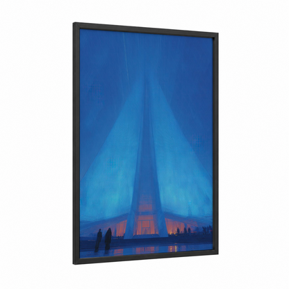 Modern Illuminated Temple framed art print — black wood frame — blue and gold palette