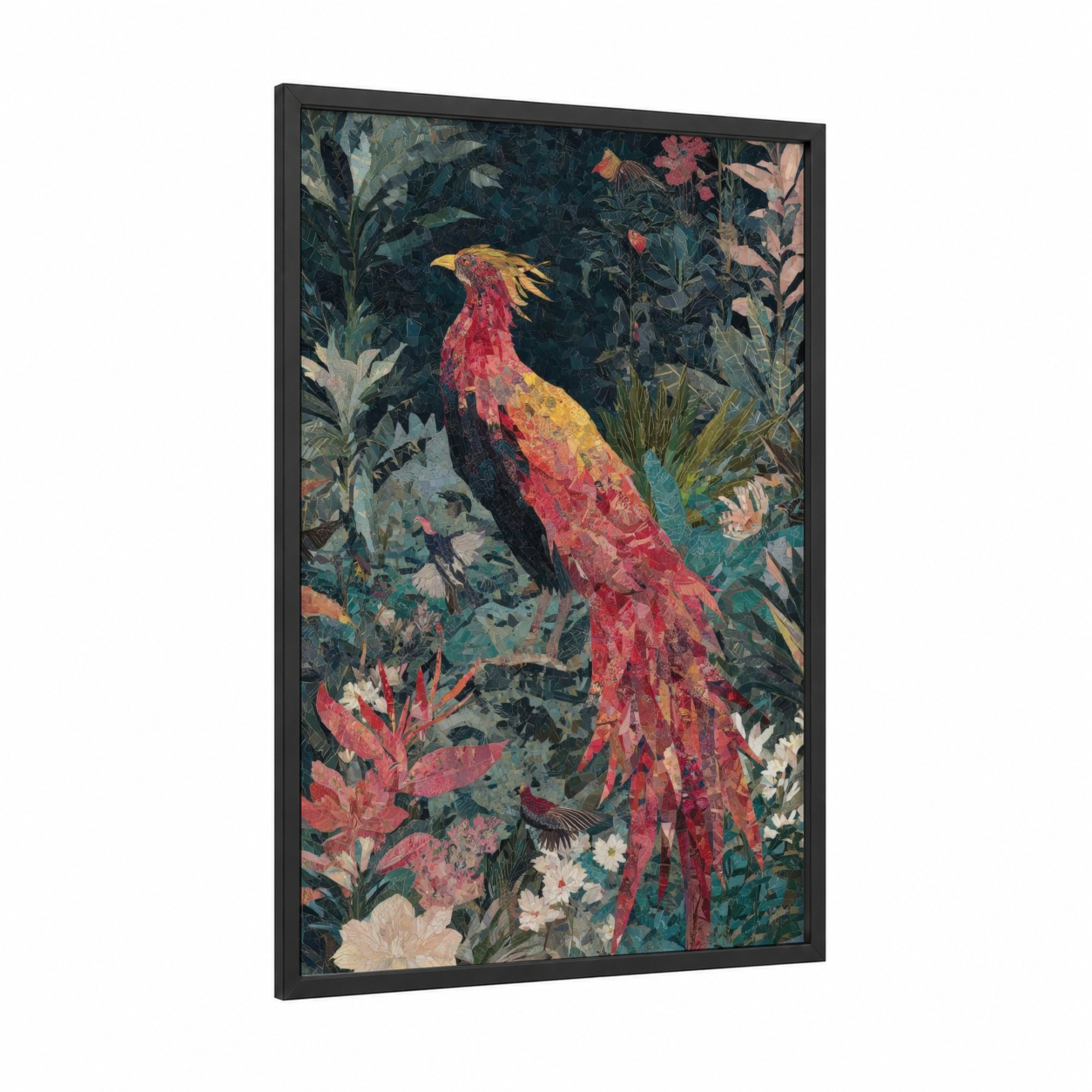 Crimson Phoenix Garden framed art print — black wood frame — red and teal palette