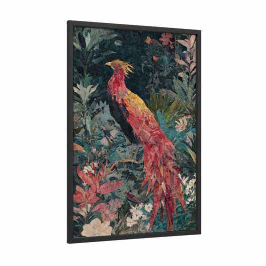 Crimson Phoenix Garden framed art print — black wood frame — red and teal palette