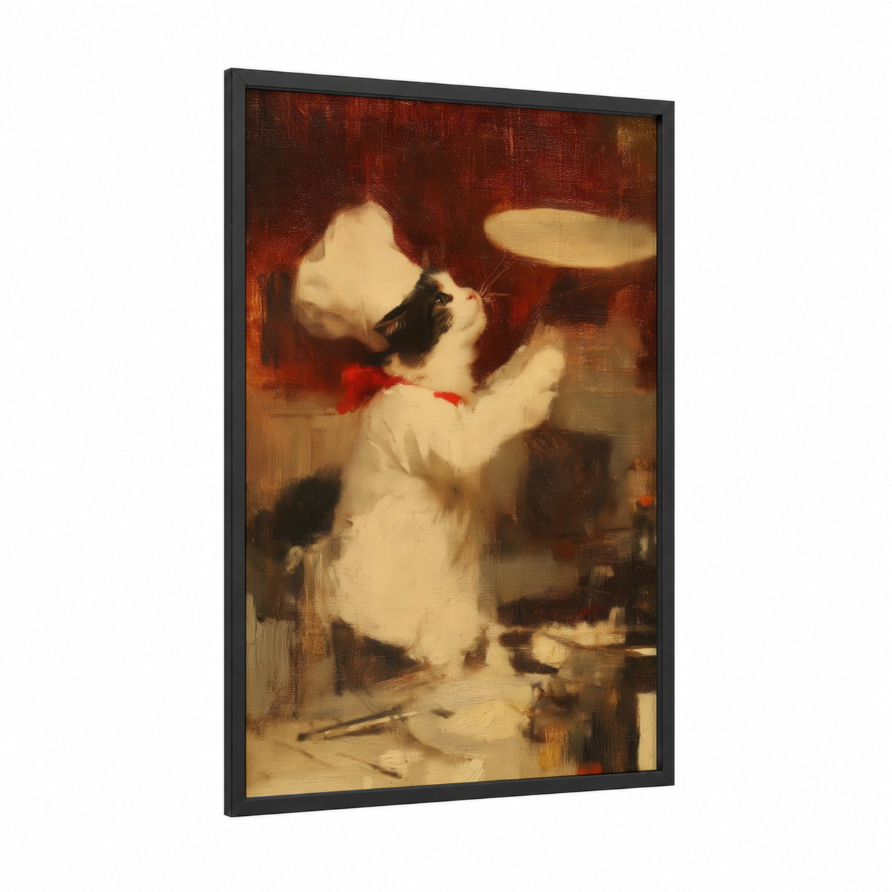 Playful Drummer Cat framed art print — black wood frame — russet and gold palette