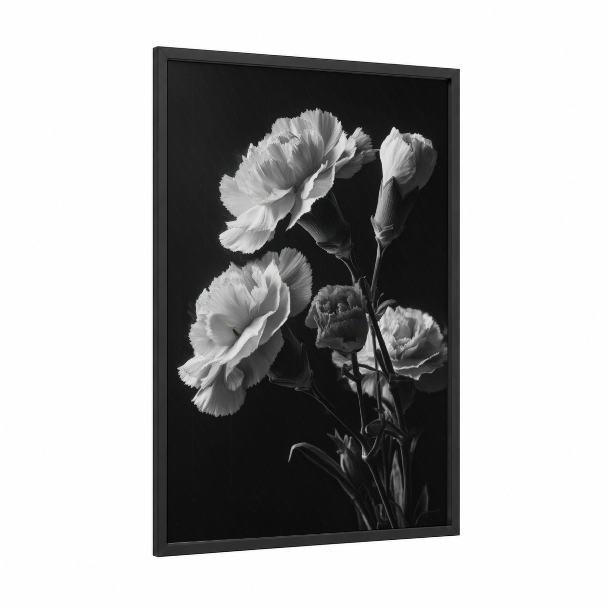 Elegant Carnations framed art print — black wood frame — black and white and gray palette