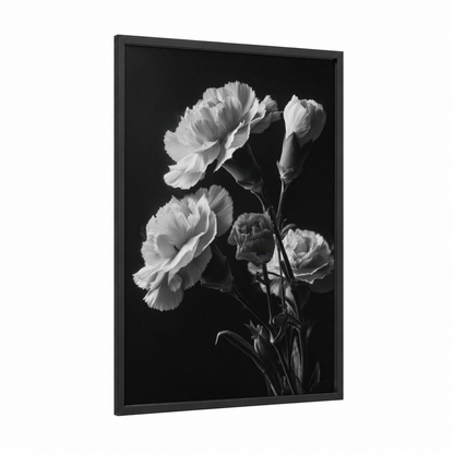 Elegant Carnations framed art print — black wood frame — black and white and gray palette