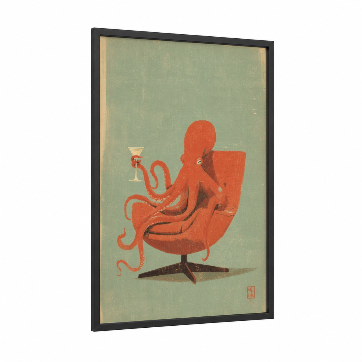Cocktail Octopus framed art print — black wood frame — sage green and red palette