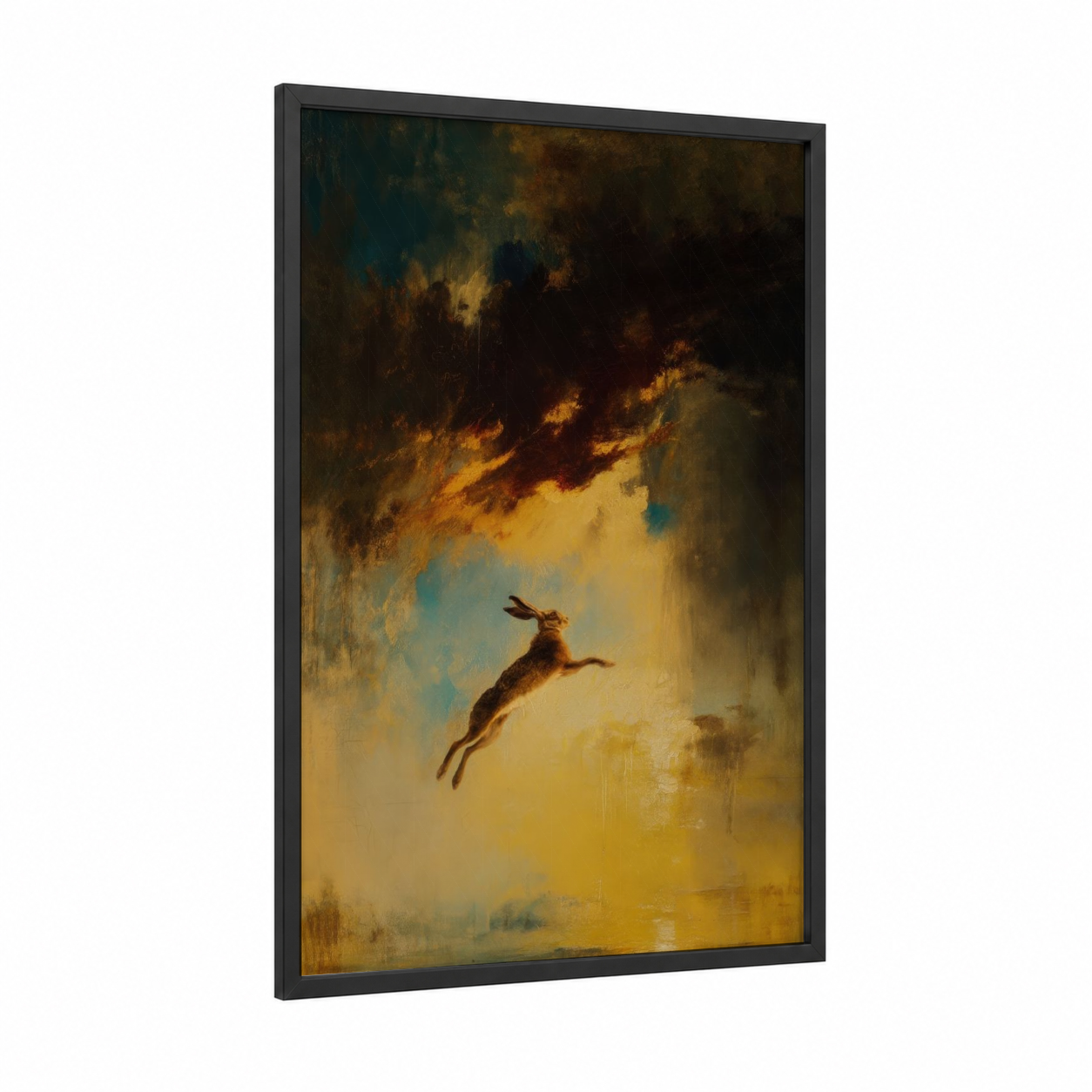 Leaping Rabbit framed art print — black wood frame — yellow gold and brown palette