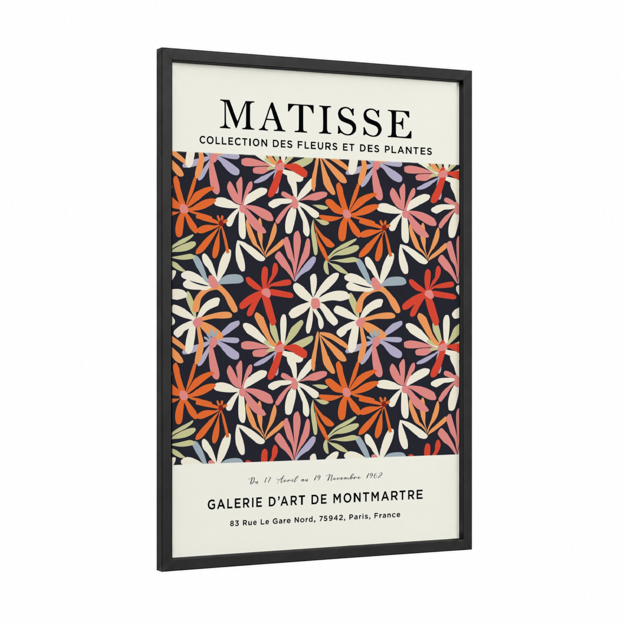 Matisse Floral framed abstract flower print — black wood frame — orange palette