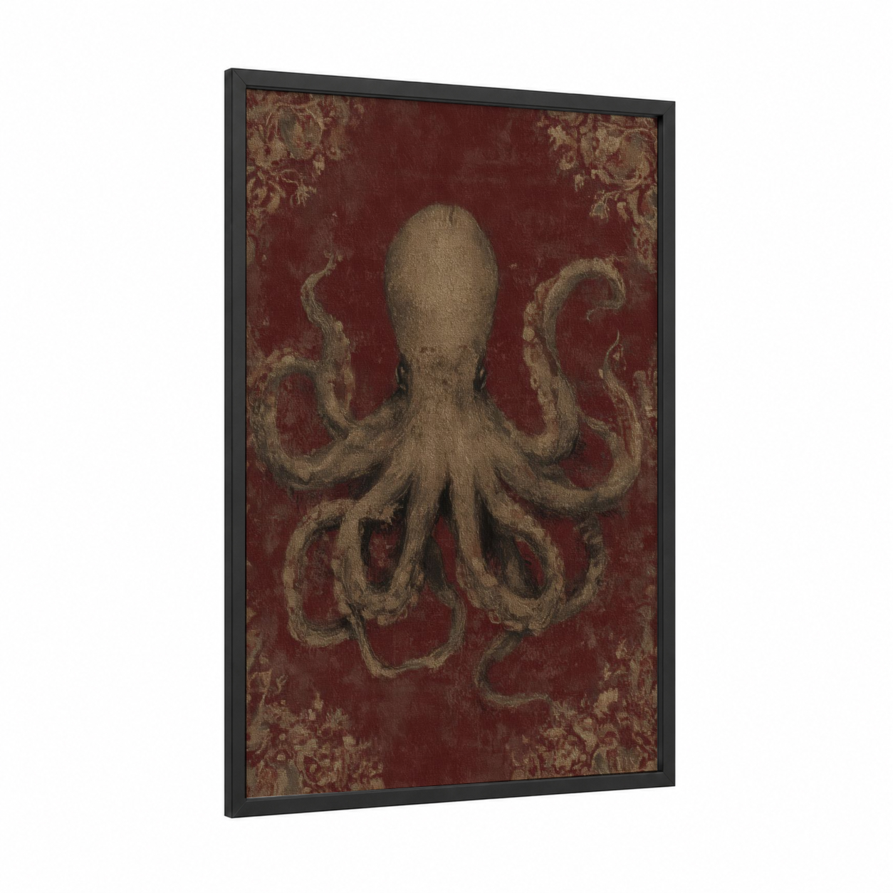 Vintage Octopus framed art print — black wood frame — maroon and nobel palette