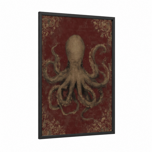 Vintage Octopus framed art print — black wood frame — maroon and nobel palette