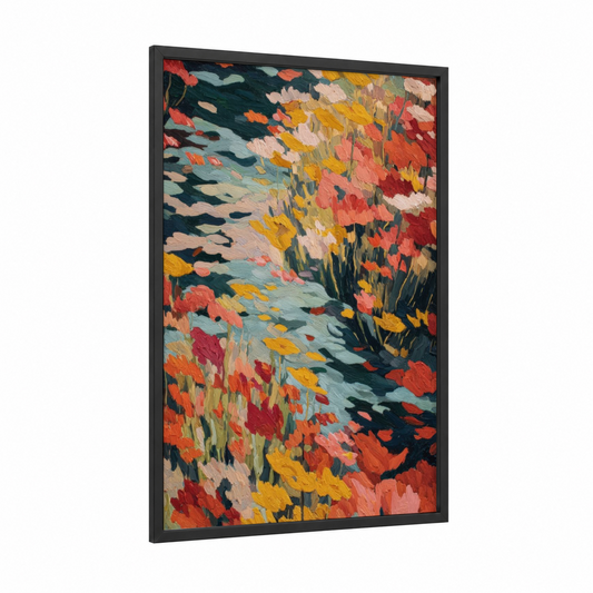 Crimson Wildflower Field framed art print — black wood frame — red and gold palette