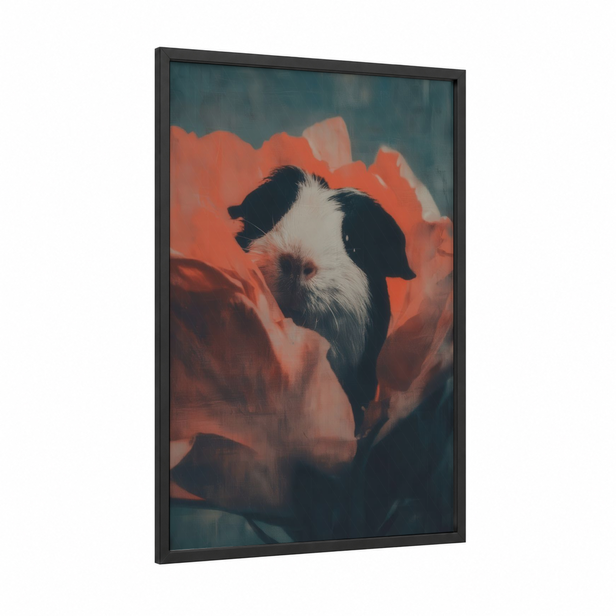 Coral Guinea Pig framed art print — black wood frame — pumpkin and bermuda gray palette