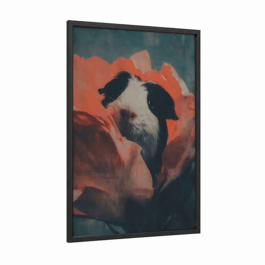 Coral Guinea Pig framed art print — black wood frame — pumpkin and bermuda gray palette