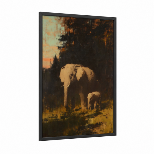 Sunset Elephant Family framed asian elephant print — black wood frame — gold and espresso palette
