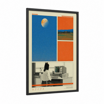Digital Dreams Retro framed japanese y2k print — black wood frame — blue and orange palette