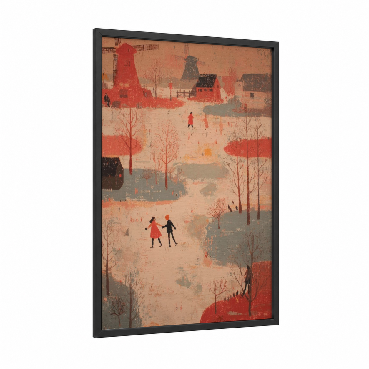 Winter Village Skaters framed ice skating print — black wood frame — russet and cream palette