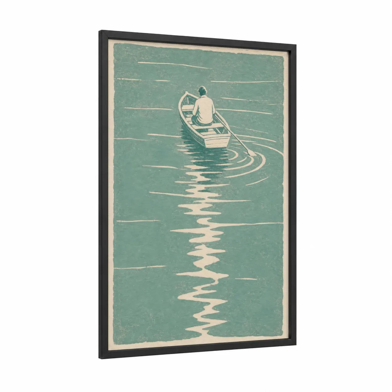 Solitary Rowing Boat Minimalist Wall Art framed art print — black wood frame — teal and cream palette