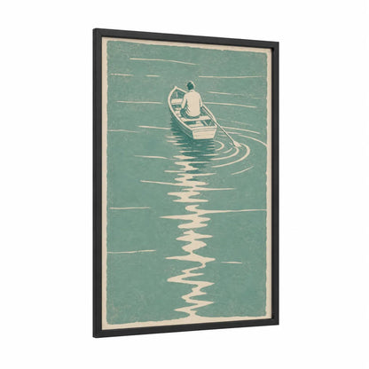 Solitary Rowing Boat Minimalist Wall Art framed art print — black wood frame — teal and cream palette