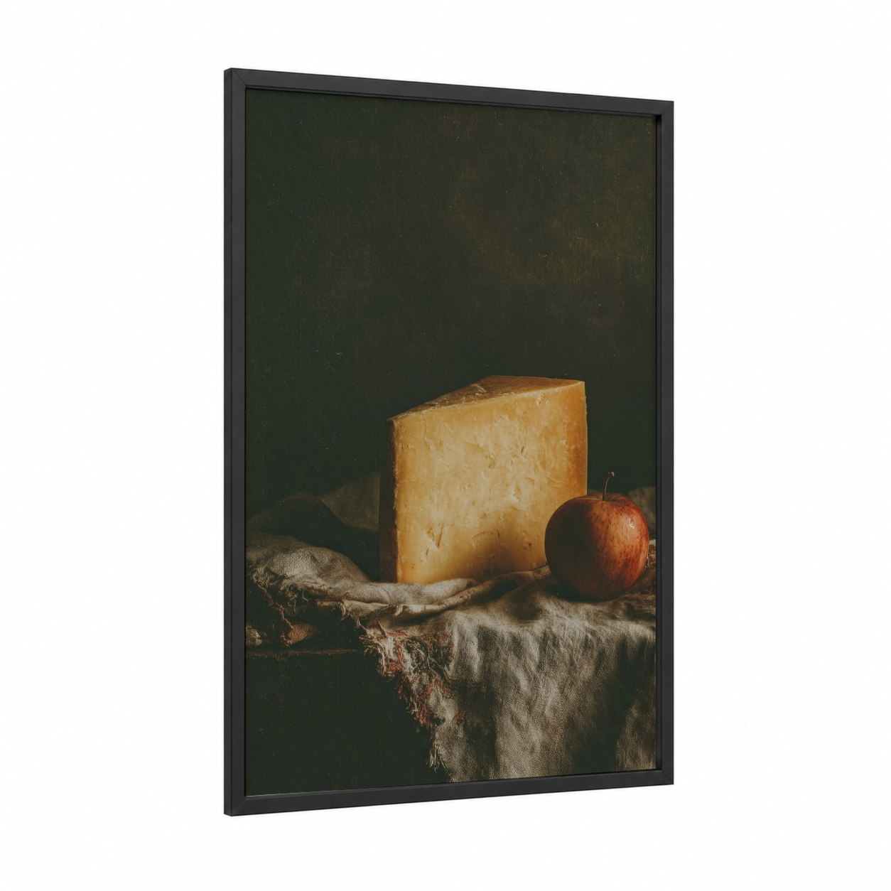 Rustic Cheese Still Life framed art print — black wood frame — dark green and gold palette