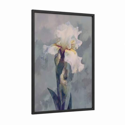 Pale Iris Bloom framed art print — black wood frame — white and gray palette