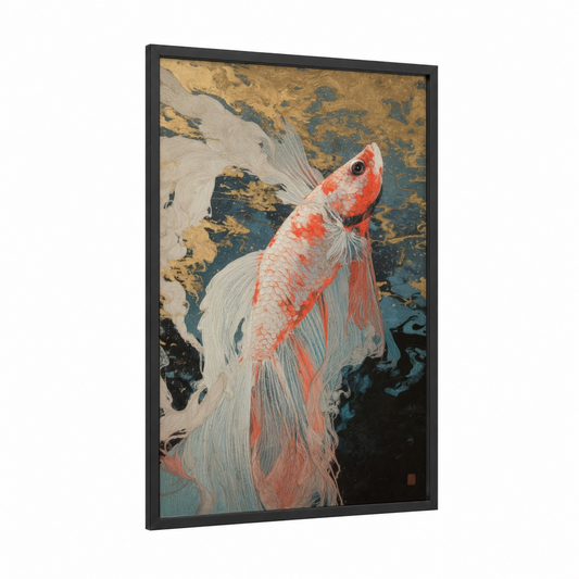 Crimson Betta Dance framed fighting fish print — black wood frame — red and gold palette