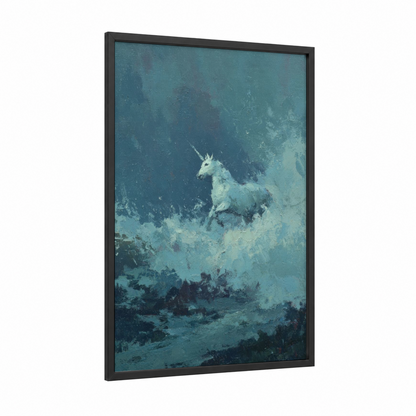 Snowy Unicorn framed unicorns print — black wood frame — teal and blue palette