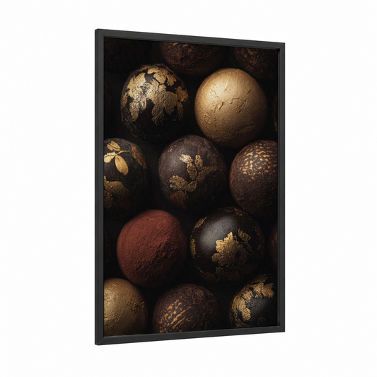 Luxury Chocolate Truffles framed sweet print — black wood frame — gold and maroon palette