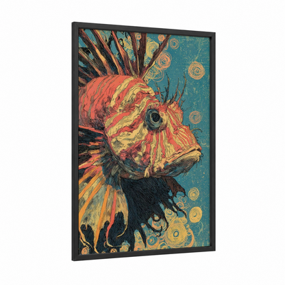 Crimson Lionfish framed art print — black wood frame — teal and orange palette