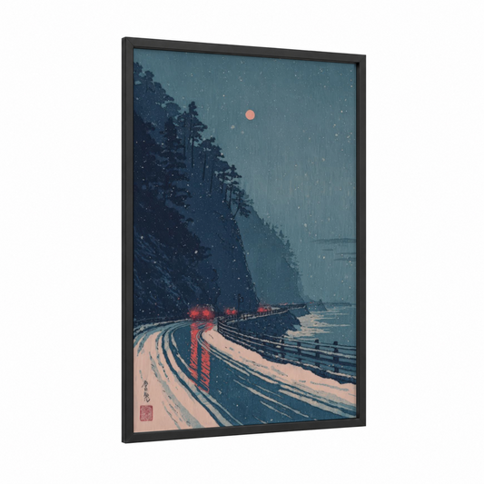 Snowy Mountain Pass framed road and highways print — black wood frame — dark blue and salmon pink palette