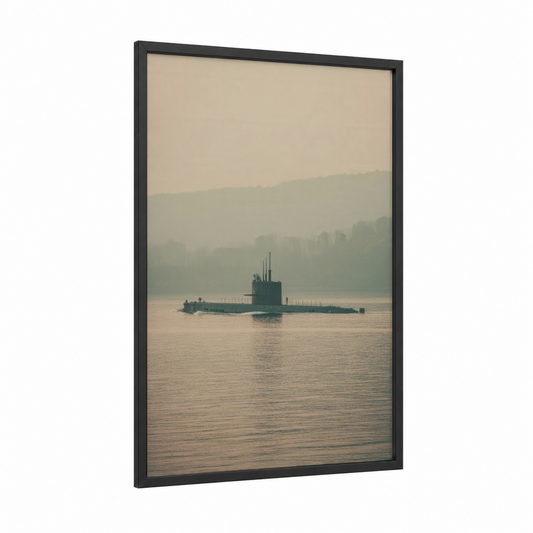 Misty Submarine framed art print — black wood frame — sage green and cream palette