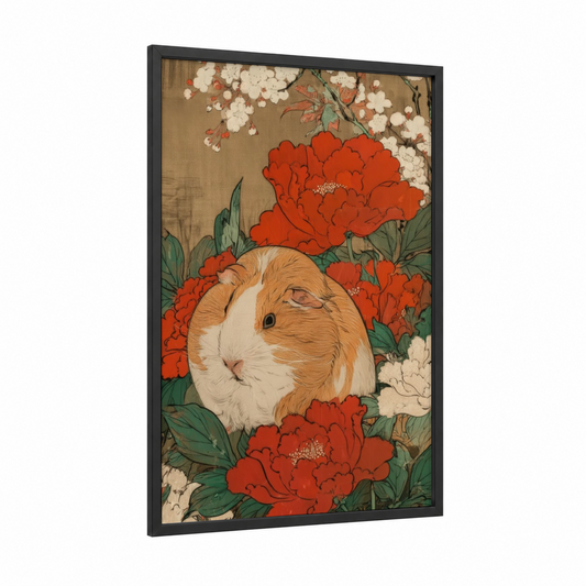 Floral Guinea Pig framed art print — black wood frame — red and sage green palette